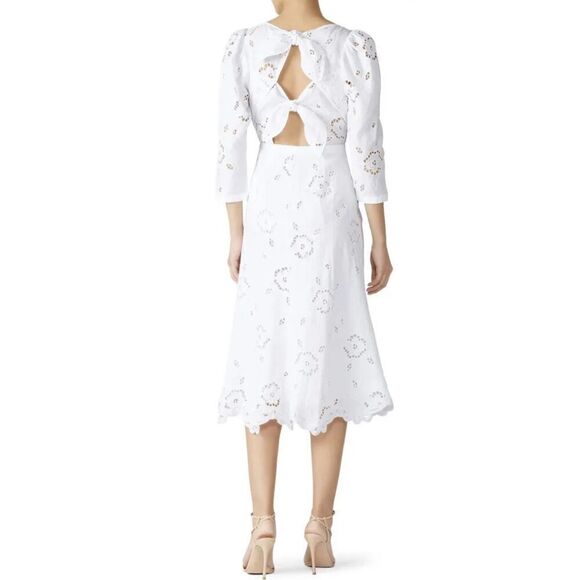 Rebecca Taylor Terri Dress Embroidered White Linen Midi Dress with Tie Back 4 - Picture 2 of 12